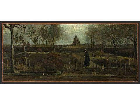 The painting title "Parsonage Garden at Nuenen in Spring", painted by Vincent van Gogh in 1884.