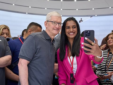 PV Sindhu with Tim Cook during the iPhone event at Apple Park on Tuesday.