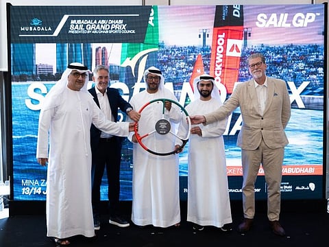 Officials during the announcement of the inaugural Abu Dhabi Sail Grand Prix at a press conference in Saadiyat Beach Club in Abu Dhabi.