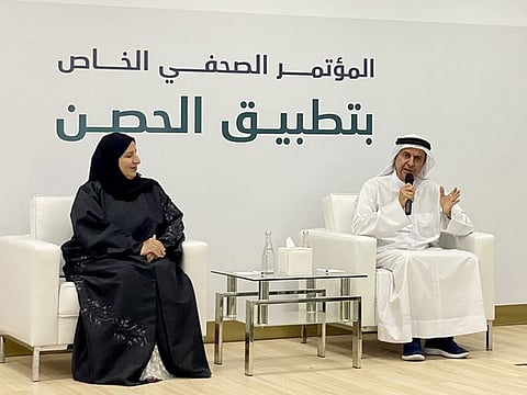 Dr Hussain Al Rand (right) and Dr Nada Al Marzooqi during the press conference to announce details of the upgraded version of the UAE’s Al Hosn App in Dubai on Wednesday