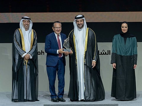 American Judge Frank Caprio, former Chief Judge of the Municipal Court of Providence in the USA, receives award from Sheikh Sultan bin Ahmed Al Qasimi, Deputy Ruler of Sharjah and Chairman of the Sharjah Media Council, at the  International Government Communication Forum