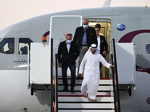 Siamak Namazi, Morad Tahbaz and Emad Shargi, who were released during a prisoner swap deal between US and Iran, arrive at Doha International Airport on September 18, 2023.