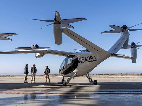 In this 2022 photo provided by Joby Aviation is Joby’s pre-production prototype aircraft at the company’s flight test facility in Marina, Calif.