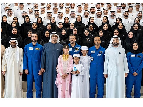 President Sheikh Mohamed bin Zayed Al Nahyan and His Highness Sheikh Mohammed bin Rashid Al Maktoum, Vice President and Prime Minister of the UAE and Ruler of Dubai, with Al Neyadi (centre front)