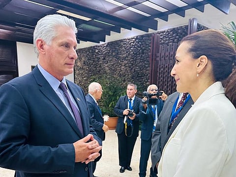 Mariam bint Mohammed Almheiri (right), UAE Minister of Climate Change and the Environment, with Cuban President Miguel Díaz-Canel. She is heading the UAE delegation to the G77+China Summit, held in Cuba, where she met ministers and senior officials from around the world.