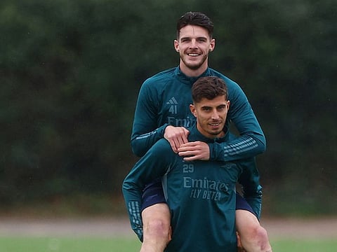 Arsenal's Kai Havertz with Declan Rice during training ahead of the Champions League match on Tuesday.