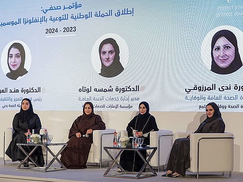 (from left) Dr Hend Al Awadhi, head of Health Promotion at Dubai Health Authority (DHA); Dr Nada Al Marzouqi, director of the Department of Public Health and Prevention at MoHAP; Dr Farida Al Hosani, executive director of Infectious Diseases at the Abu Dhabi Public Health Centre; and Dr Shamsa Lootah, director of Public Health Services Department at Emirates Health Services (EHS); in Dubai on Tuesday during the launch of the national vaccination campaign against seasonal influenza