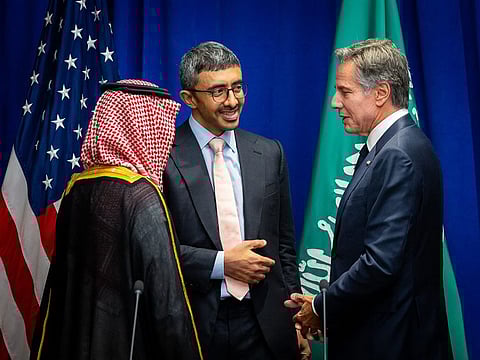 Sheikh Abdullah during his meeting with Prince Faisal bin Farhan and Blinken in New York.