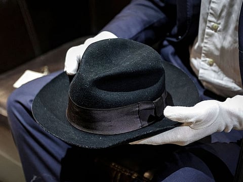 A Fedora hat that belonged to US singer Michael Jackson, made of wool and lined with silk, is displayed before being put on sale at auction, in Paris.