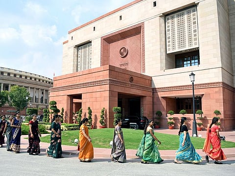 Women from Uttar Pradesh and Rajasthan visit India’s new Parliament building in New Delhi on September 20, 2023. First introduced in 1996 by prime minister Deve Gowda, the Women’s Reservation Bill was passed by the lower house (Lok Sabha) on September 20, 2023.