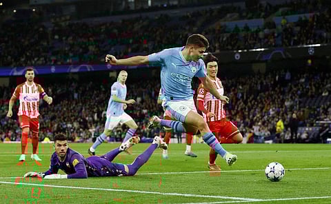 Manchester City's Julian Alvarez scores their first goal during a Champions League  Group G match against Crvena Zvezda at Etihad Stadium, Manchester, on Wednesday.