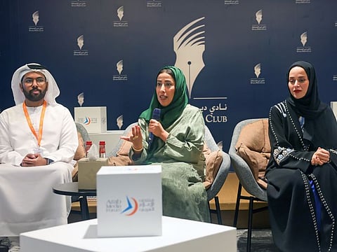 Mona Al Marri (centre), Vice Chairperson and Managing Director of the Dubai Media Council, with Maitha Buhumaid (right), Director of Dubai Press Club; and Mohammed Swaidan, member of Arab Media Forum’s Organising Committee, addressing media on Wednesday at the Government of Dubai Media Office