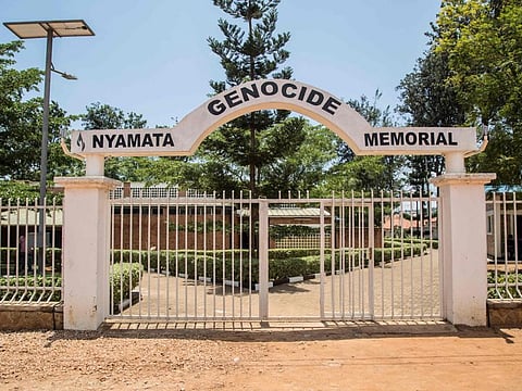 A picture taken on March 21, 2019 shows the entrance of the Nyamata Genocide Memorial.
