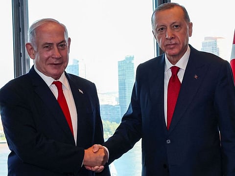 Turkey's President Recep Tayyip Erdogan (right) with Israel's Prime Minister Benjamin Netanyahu during their meeting on the sidelines of 78th United Nations General Assembly at UN headquarters in New York City.. (Photo by Handout / Turkish Presidency Press Office / AFP) / RESTRICTED TO EDITORIAL USE - MANDATORY CREDIT "AFP PHOTO / TURKISH PRESIDENCY PRESS OFFICE" - NO MARKETING NO ADVERTISING CAMPAIGNS - DISTRIBUTED AS A SERVICE TO CLIENTS