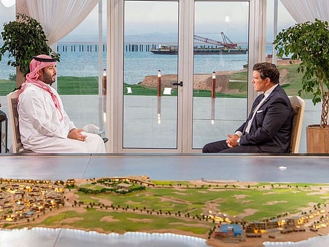 Saudi Arabia's Crown Prince Mohammad bin Salman during his interview with FOX News Channel anchor Bret Baier on September 21, 2023, in Neom, Saudi Arabia.