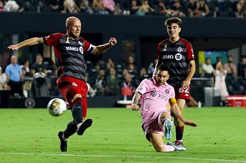 Inter Miami's Argentine forward Lionel Messi drives to the goal during the Major League Soccer match against Toronto FC at DRV PNK Stadium in Fort Lauderdale, Florida, on Wednesday.