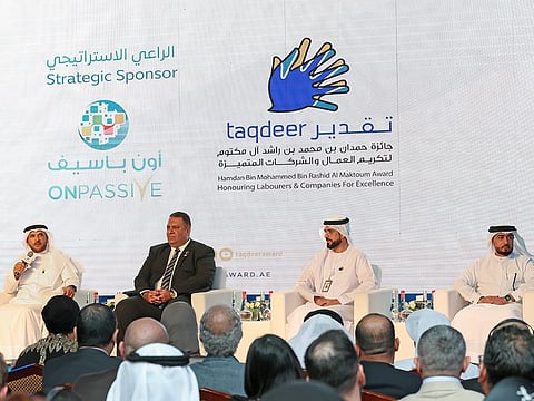 (from left) Major General Obaid Muhair Bin Suroor, Taqdeer Award Chairman, Engineer Mohamed Kamal, COO, Onpassive, Brigadier General Abdul Samad Hussein, Taqdeer Award Technical Advisor and Lieutenant Colonel Khalid Ismail, Taqdeer Aware Secretary General taking questions at the Taqdeer Awards press conference.