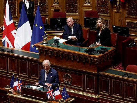 Britain's King Charles delivers a speech to members of parliament at the French Senate in Paris, on the second day of his State visit to France, September 21, 2023.