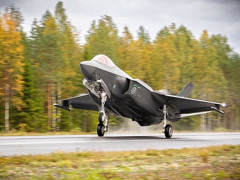 An F-35A Lockheed Martin fighter jet lands on a motorway, in Tervo, Finland.