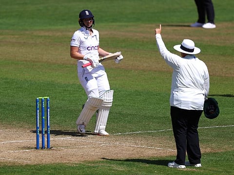 Sue Redfern signal out to England's Sophie Ecclestone during the first Women's Ashes Test. The former England international will be officiating a County Championship match.