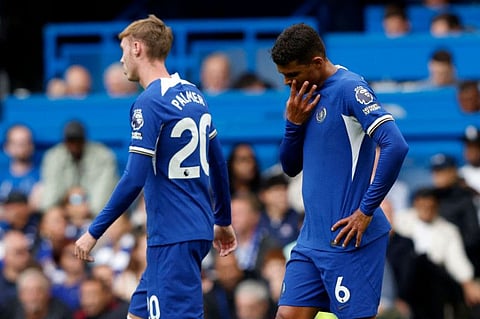 Chelsea's midfielder Cole Palmer (left) and defender Thiago Silva react to their defeat after the Premier League match against Aston Villa at Stamford Bridge in London on Sunday.
