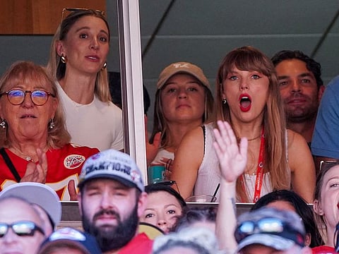 Kansas City, Missouri, USA; Taylor Swift reacts while watching the Kansas City Chiefs vs Chicago Bears game during the first half at GEHA Field at Arrowhead Stadium. Mandatory Credit: Denny Medley-USA TODAY Sports     TPX IMAGES OF THE DAY