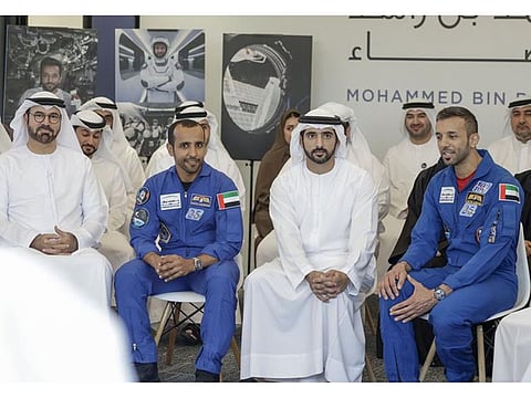 Sheikh Hamdan bin Mohammed bin Rashid Al Maktoum (second from right) with Al Neyadi (right) and first Emirati astronaut Hazzaa Al Mansouri