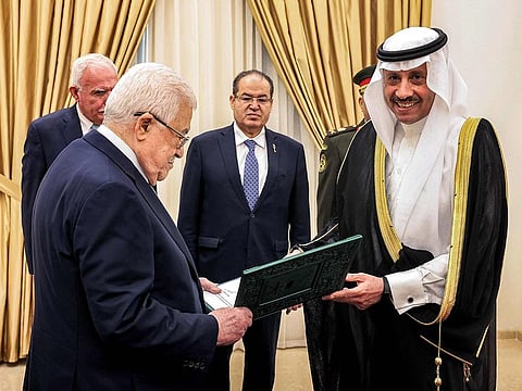 Palestinian President Mahmoud Abbas (left) receiving the credentials of Saudi Arabia's Ambassador to Palestine Nayef bin Bandar Al Sudairi (R) at the former's office in Ramallah in the occupied West Bank on September 26, 2023. (Photo by Thaer GHANAIM / PPO / AFP) / === RESTRICTED TO EDITORIAL USE - MANDATORY CREDIT "AFP PHOTO / HO / PPO " - NO MARKETING NO ADVERTISING CAMPAIGNS - DISTRIBUTED AS A SERVICE TO CLIENTS ===