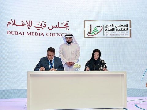 The Dubai Media Council and the Egypt’s Supreme Council for Media Regulation signs agreement for media collaboration in the presence of Sheikh Ahmed bin Mohammed bin Rashid Al Maktoum. The MoU was signed by Karam Gaber and Mona Al Marri at the Arab Media Forum in Dubai on Tuesday