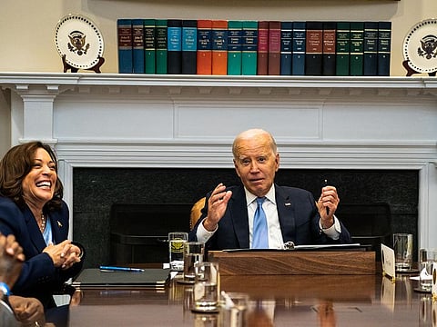 US President Joe Biden with Vice-President Kamala Harris during a a meeting with the President's Board of Advisors on Historically Black Colleges and Universities in the Roosevelt Room of the White House in Washington, DC, US, on Monday, Sept. 25, 2023.