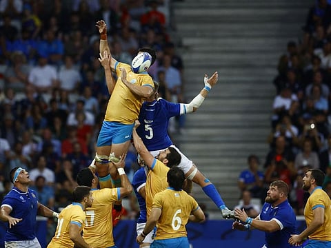 Uruguay's Manuel Leindekar in action with Italy's Federico Ruzza during a lineout in the Rugby World Cup in Nice last week.