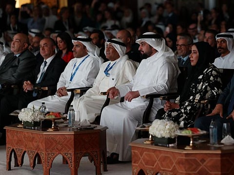 Sheikh Ahmed bin Mohammed bin Rashid Al Maktoum (second from right), Second Deputy Ruler of Dubai and Chairman of the Dubai Media Council, at the opening of the Arab Media Forum in Dubai on Tuesday. To his left is Mona Al Marri, Vice Chairperson and Managing Director of the Dubai Media Council.