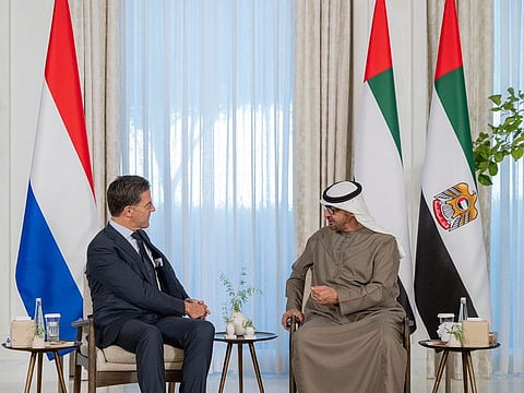 President His Highness Sheikh Mohamed bin Zayed Al Nahyan (right) with Mark Rutte, Prime Minister of the Netherlands