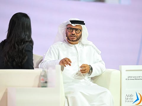 Dr Anwar Mohammed Gargash, Diplomatic Advisor to the UAE President and Former Minister of State for Federal National Council Affairs, with moderator Lara Nabhan during a session on 'The Arab Region: Future Scenarios', on the second day of Arab Media Forum in Dubai