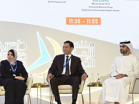 (from left) Dr Fatmah Baothman, Member Of The Global Future Council On The Future of AI; Alaa ElShimy, MD and Senior VP of Enterprise Business Group, Middle East & Central Asia Region, Huawei; and Younus Al Nasser, Assistant Director-General at Smart Dubai, during a session on 'AI Governance In Media' on the second day of Arab Media Forum