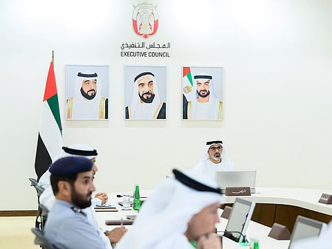 Sheikh Khaled bin Mohamed bin Zayed Al Nahyan, Crown Prince of Abu Dhabi and Chairman of the Abu Dhabi Executive Council, chairing the council’s meeting at Al Bateen Palace