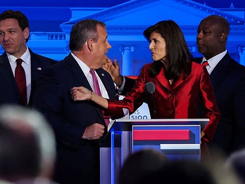 Florida Governor Ron DeSantis, former New Jersey Governor Chris Christie, former South Carolina Governor Nikki Haley and US Senator Tim Scott congratulate each other at the end of the second Republican candidates' debate of the 2024 US presidential campaign at the Ronald Reagan Presidential Library in Simi Valley, California, on September 27, 2023.