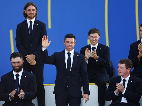 Team Europe's Tommy Fleetwood and Rory McIlroy are announced as a pair during the opening ceremony.