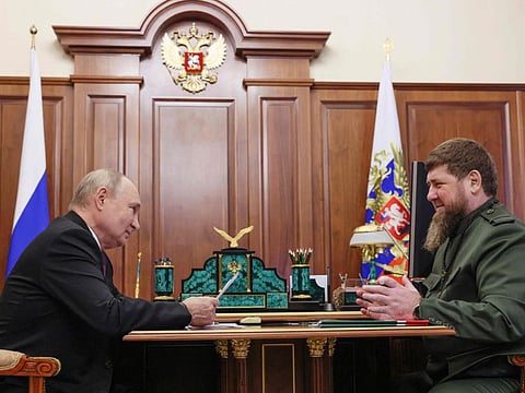 Putin (left) attends a meeting with Chechen leader Ramzan Kadyrov in Moscow on September 28, 2023. Russia’s spending plans were announced as Stoltenberg and the British and French defence ministers visited Kyiv to discuss additional military aid for Ukraine.