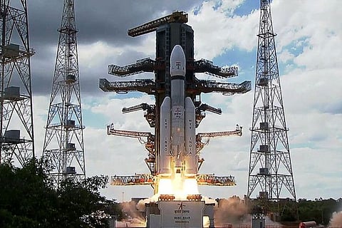 This screen grab made from video footage from ISRO via AFPTV taken on July 14, 2023 shows an Indian Space Research Organisation (ISRO) rocket carrying the Chandrayaan-3 spacecraft lifting off from the Satish Dhawan Space Centre in Sriharikota, an island off the coast of southern Andhra Pradesh state.