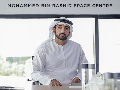 Sheikh Hamdan bin Mohammed bin Rashid Al Maktoum, Crown Prince of Dubai, Chairman of The Executive Council of Dubai and Chairman of the Mohammed Bin Rashid Space Centre (MBRSC), chairing the board meeting of MBRSC in Dubai on Monday