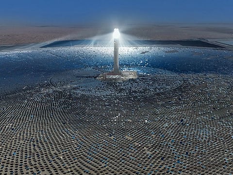 The world’s tallest solar power tower at 262.44 metres in the Mohammed bin Rashid Al Maktoum Solar Park in Dubai