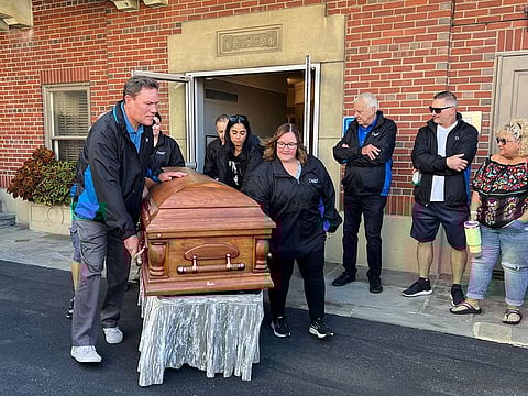 The body of "Stoneman Willie", a jailed thief that died in a Pennsylvania prison in 1895 and was accidentally mummified by undertakers, is carried in a coffin to take part in a parade commemorating the 275th anniversary of the incorporation of the municipality of Reading, Pennsylvania, U.S., October 1, 2023.