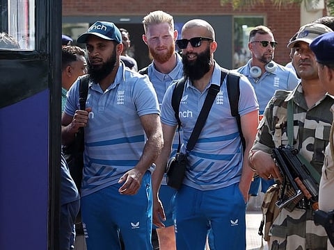 England cricket team members arrive at the Sardar Vallabhbhai Patel Airport in Ahmedabad, India, on October 3, 2023.