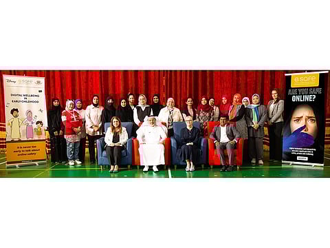 eSafe team members, from left Sanjana Bhardwaj, Adel Alkaff AlHashmi, Sara Hedger and Jayesh Sebastian with the early childhood educators.