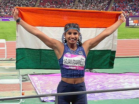 Prime Minister Narendra Modi posted this photo on X congratulating India’s Ancy Sojan Edappilly on winning a silver medal in the women’s long jump final event at the ongoing Asian Games held in Hangzhou, China on Monday