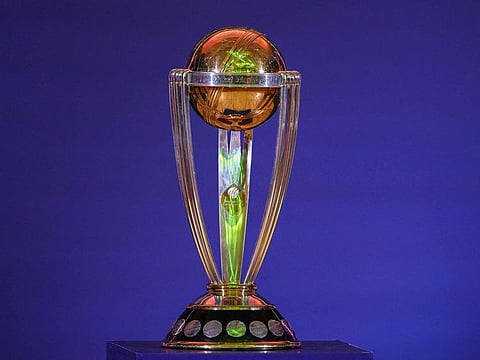 The ICC Cricket World Cup displayed during the 'Captains’ Day', an interaction session between the captains of participating teams with the media at the Narendra Modi Stadium in Ahmedabad on October 4, 2023. The tournament begins on October 5 with the match between England and New Zealand.