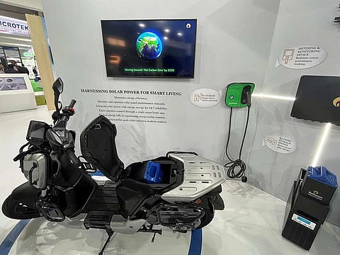 Reliance Industries showcases its swappable and multipurpose battery storage technology for electric vehicles (EVs) at an event in Greater Noida, India, on October 4, 2023.