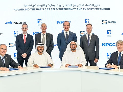 Saipem CEO Alessandro Puliti, NPCC CEO Eng. Ahmed Al Dhaheri, ADNOC Upstream Executive Director Abdulmunim Al Kindy, and MAIRE CEO Alessandro Bernini.