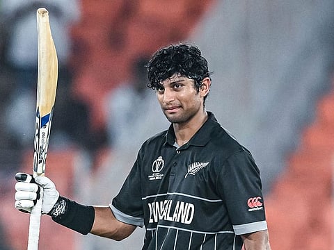 New Zealand's Rachin Ravindra celebrates after scoring his century against England in the 2023 World Cup opener in Ahmedabad on Thursday.